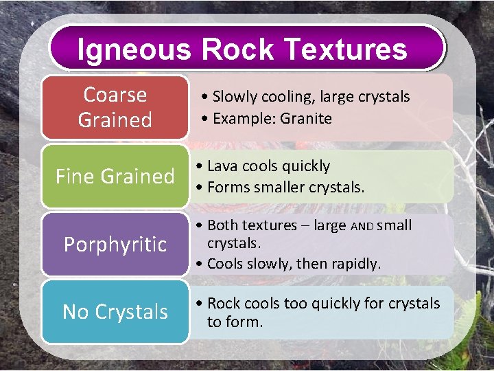 Igneous Rock Textures Coarse Grained Fine Grained • Slowly cooling, large crystals • Example: