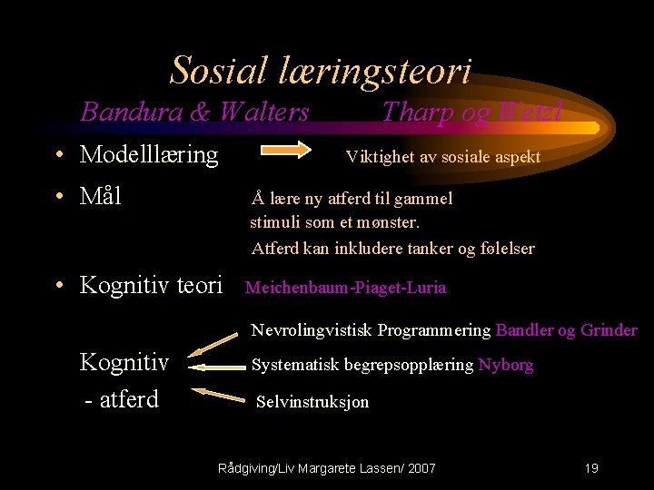 Sosial læringsteori Bandura & Walters • Modelllæring Tharp og Wetzl Viktighet av sosiale aspekt