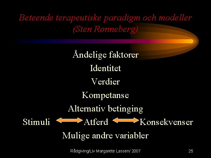 Beteende terapeutiske paradigm och modeller (Sten Rønneberg) Stimuli Åndelige faktorer Identitet Verdier Kompetanse Alternativ