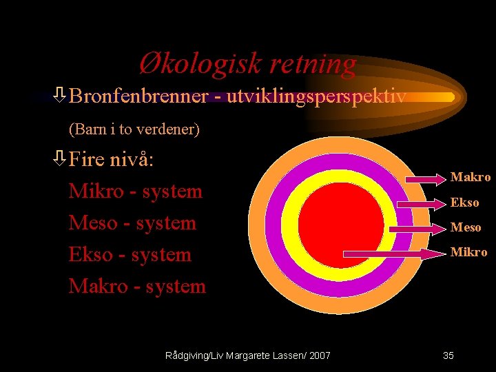 Økologisk retning òBronfenbrenner - utviklingsperspektiv (Barn i to verdener) òFire nivå: Mikro - system