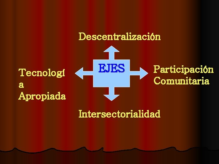 Descentralización Tecnologí a Apropiada EJES Participación Comunitaria Intersectorialidad 