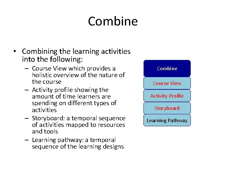 Combine • Combining the learning activities into the following: – Course View which provides