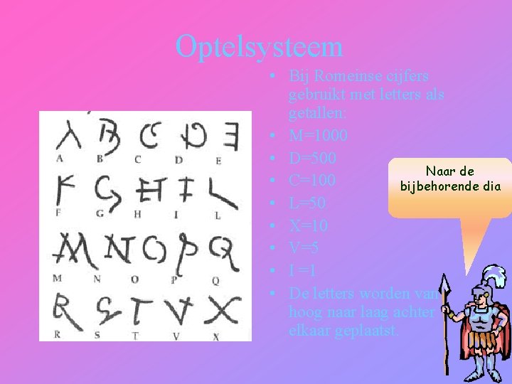 Optelsysteem • Bij Romeinse cijfers gebruikt met letters als getallen: • M=1000 • D=500