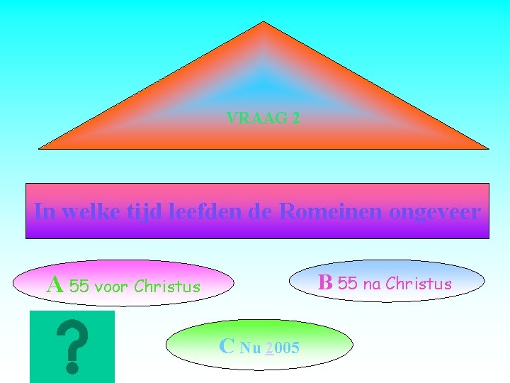 VRAAG 2 In welke tijd leefden de Romeinen ongeveer B 55 na Christus A