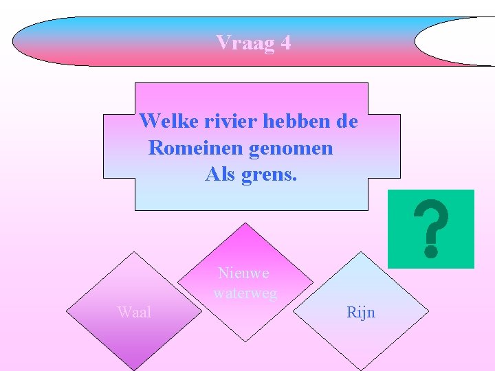 Vraag 4 Welke rivier hebben de Romeinen genomen Als grens. Nieuwe waterweg Waal Rijn