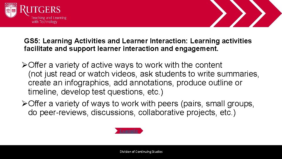 GS 5: Learning Activities and Learner Interaction: Learning activities facilitate and support learner interaction