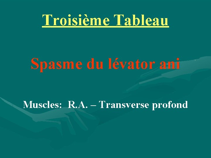 Troisième Tableau Spasme du lévator ani Muscles: R. A. – Transverse profond 