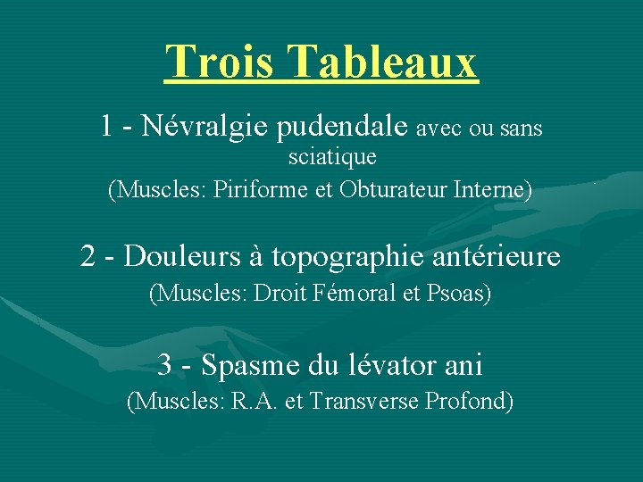 Trois Tableaux 1 - Névralgie pudendale avec ou sans sciatique (Muscles: Piriforme et Obturateur