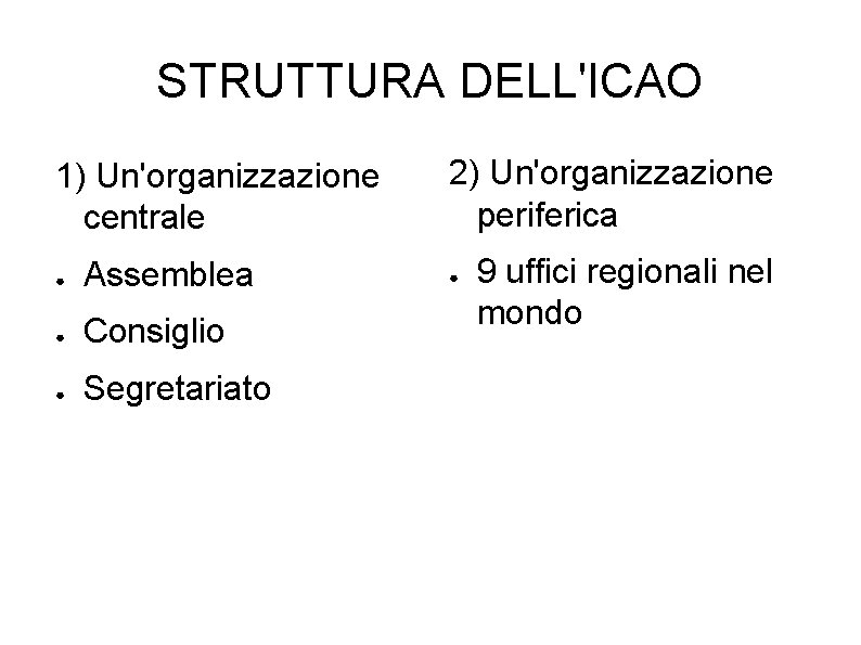 STRUTTURA DELL'ICAO 1) Un'organizzazione centrale ● Assemblea ● Consiglio ● Segretariato 2) Un'organizzazione periferica