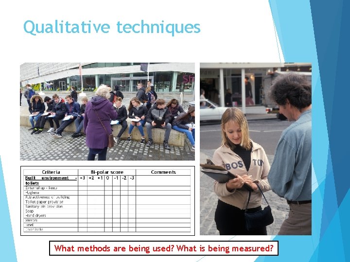 Qualitative techniques What methods are being used? What is being measured? 