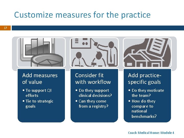 Customize measures for the practice 17 Add measures of value Consider fit with workflow