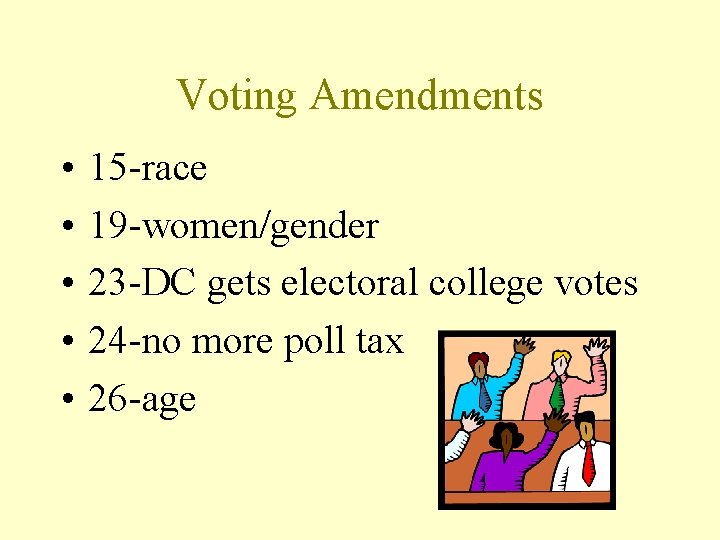 Voting Amendments • • • 15 -race 19 -women/gender 23 -DC gets electoral college