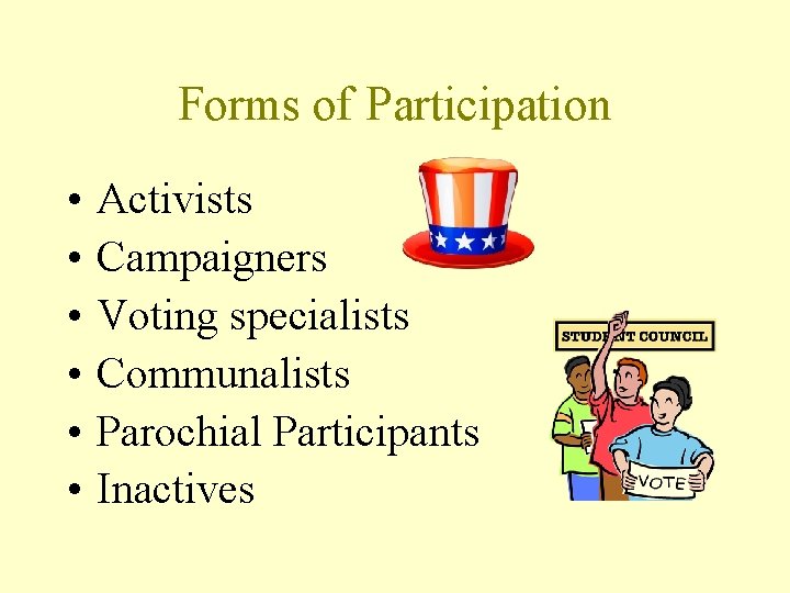 Forms of Participation • • • Activists Campaigners Voting specialists Communalists Parochial Participants Inactives