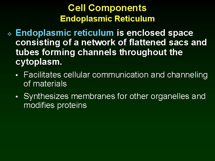 Cell Components Endoplasmic Reticulum v Endoplasmic reticulum is enclosed space consisting of a network