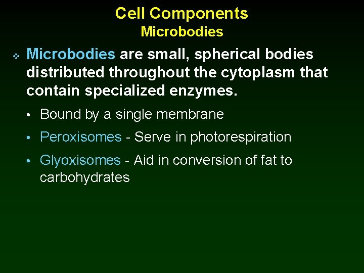 Cell Components Microbodies v Microbodies are small, spherical bodies distributed throughout the cytoplasm that