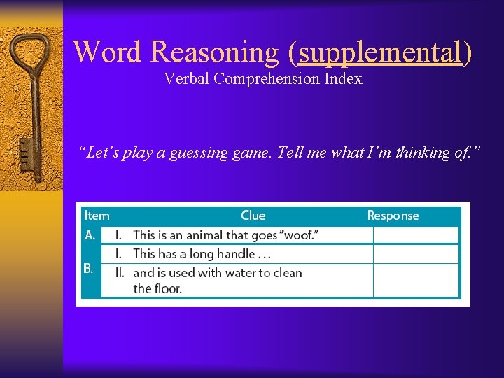 Word Reasoning (supplemental) Verbal Comprehension Index “Let’s play a guessing game. Tell me what