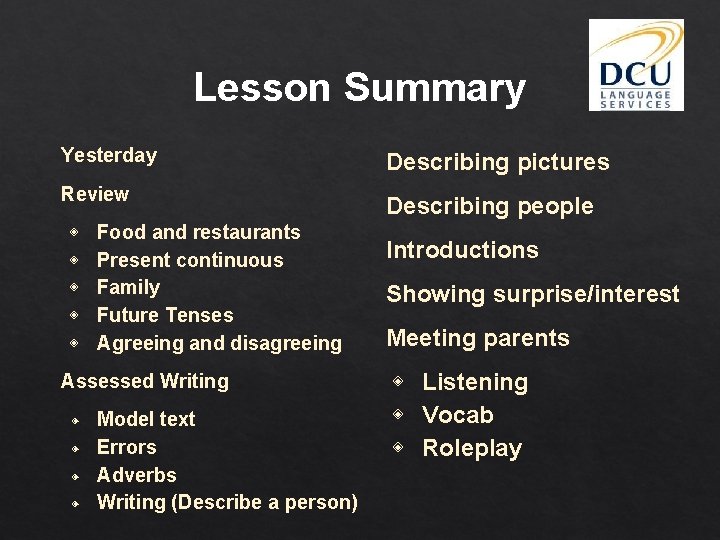 Lesson Summary Yesterday Describing pictures Review Describing people ◈ ◈ ◈ Food and restaurants