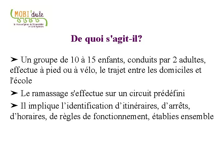 De quoi s'agit-il? ➤ Un groupe de 10 à 15 enfants, conduits par 2
