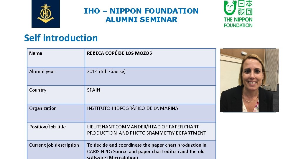 IHO – NIPPON FOUNDATION ALUMNI SEMINAR Self introduction Name REBECA COPÉ DE LOS MOZOS