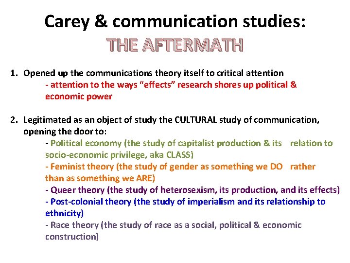 Carey & communication studies: THE AFTERMATH 1. Opened up the communications theory itself to