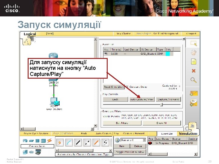 Запуск симуляції Для запуску симуляції натиснути на кнопку “Auto Capture/Play” Packet Tracer 4. 1: