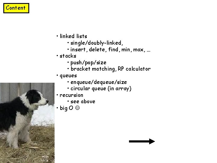 Content • linked lists • single/doubly-linked, • insert, delete, find, min, max, … •