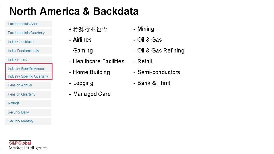 North America & Backdata • 特殊行业包含 - Mining - Airlines - Oil & Gas