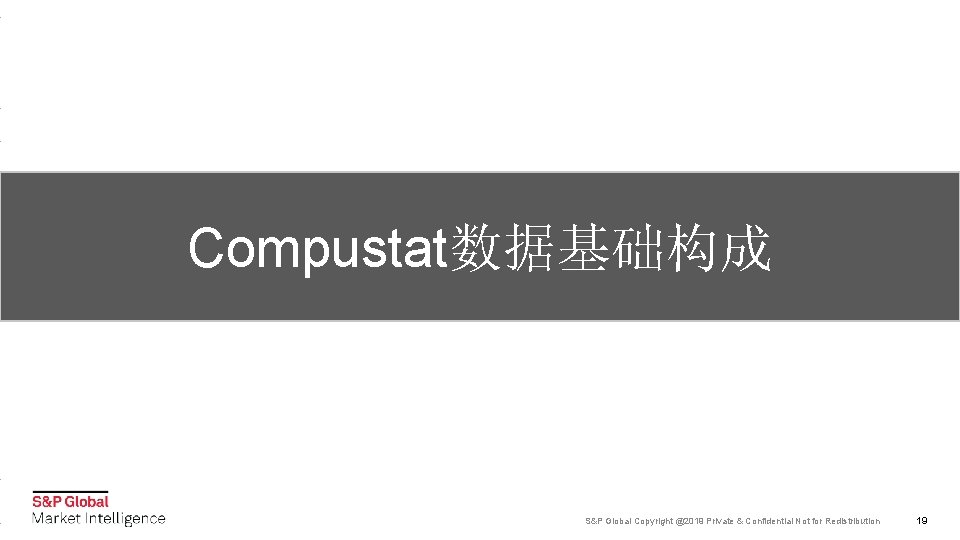 Compustat数据基础构成 S&P Global Copyright @2019 Private & Confidential Not for Redistribution 19 