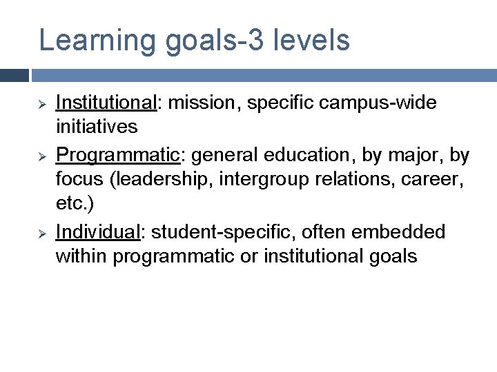 Learning goals-3 levels Ø Ø Ø Institutional: mission, specific campus-wide initiatives Programmatic: general education,