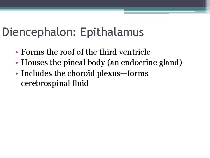 Diencephalon: Epithalamus • Forms the roof of the third ventricle • Houses the pineal