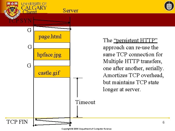 Server Client TCP SYN G page. html The “persistent HTTP” approach can re-use the