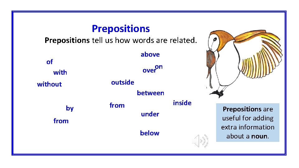Prepositions tell us how words are related. above of overon with outside without between