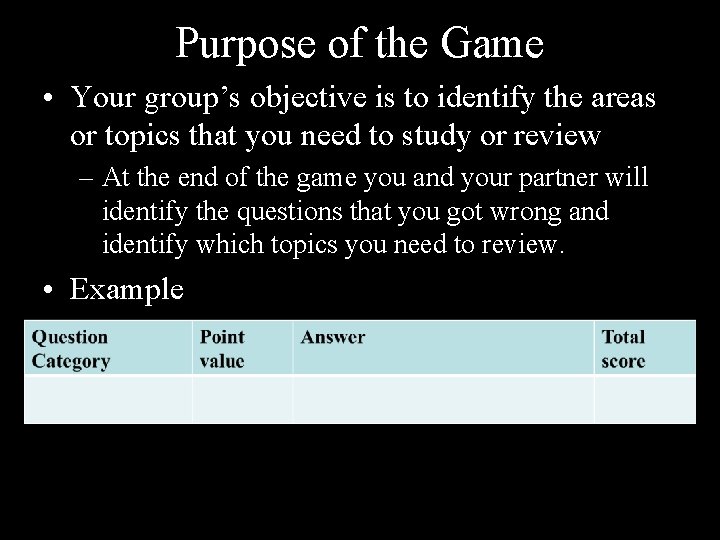 Purpose of the Game • Your group’s objective is to identify the areas or