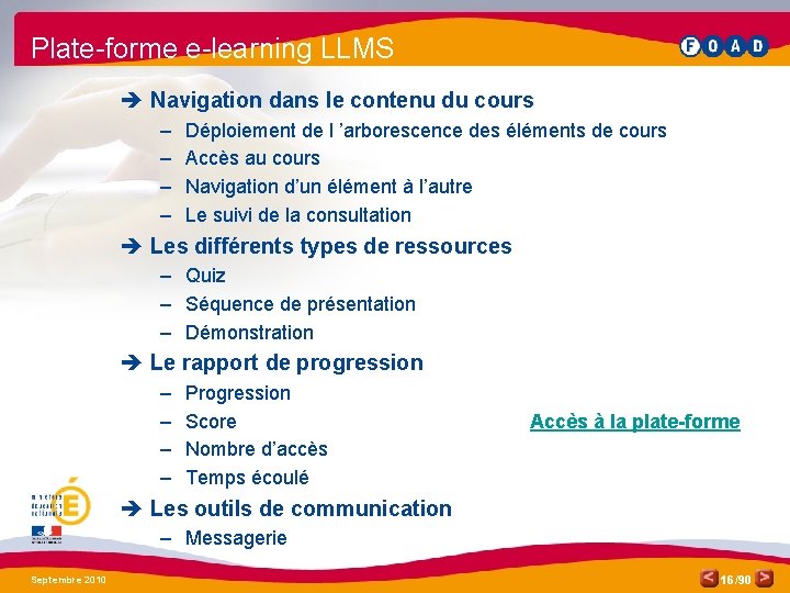 Plate-forme e-learning LLMS è Navigation dans le contenu du cours – – Déploiement de