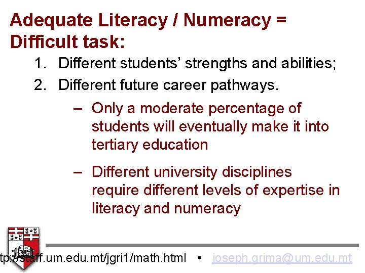 Adequate Literacy / Numeracy = Difficult task: 1. Different students’ strengths and abilities; 2.