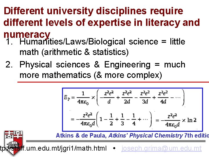 Different university disciplines require different levels of expertise in literacy and numeracy 1. Humanities/Laws/Biological