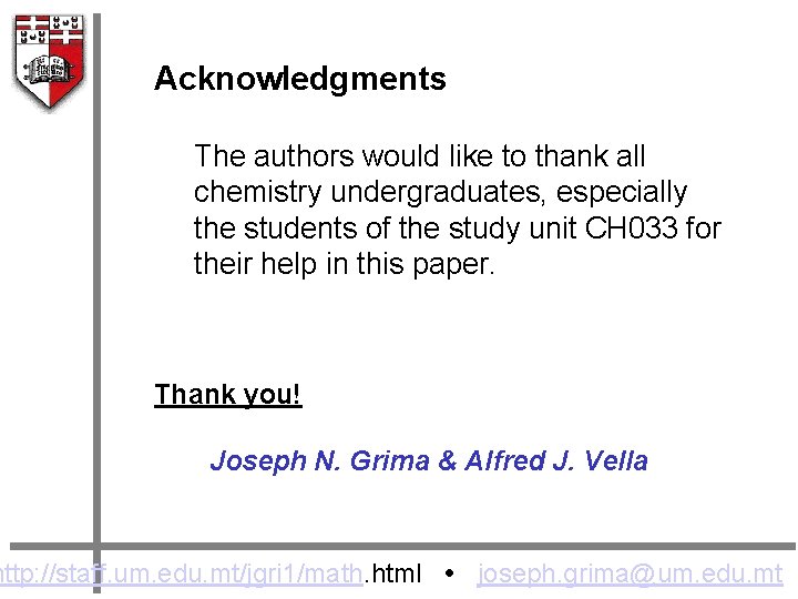 Acknowledgments The authors would like to thank all chemistry undergraduates, especially the students of