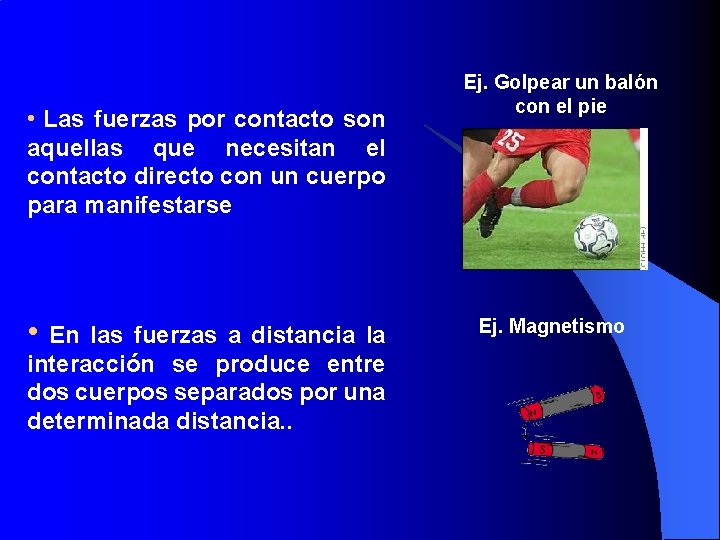  • Las fuerzas por contacto son Ej. Golpear un balón con el pie
