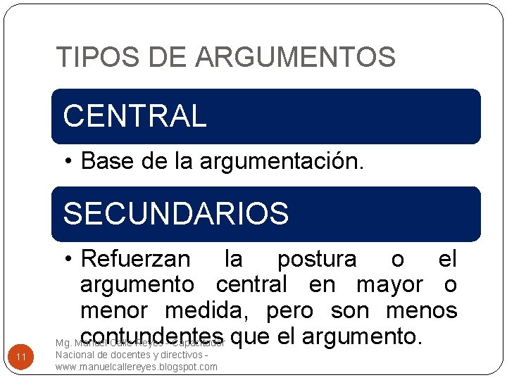 TIPOS DE ARGUMENTOS CENTRAL • Base de la argumentación. SECUNDARIOS • Refuerzan la postura