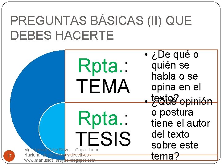 PREGUNTAS BÁSICAS (II) QUE DEBES HACERTE Rpta. : TEMA Rpta. : TESIS 17 Mg.