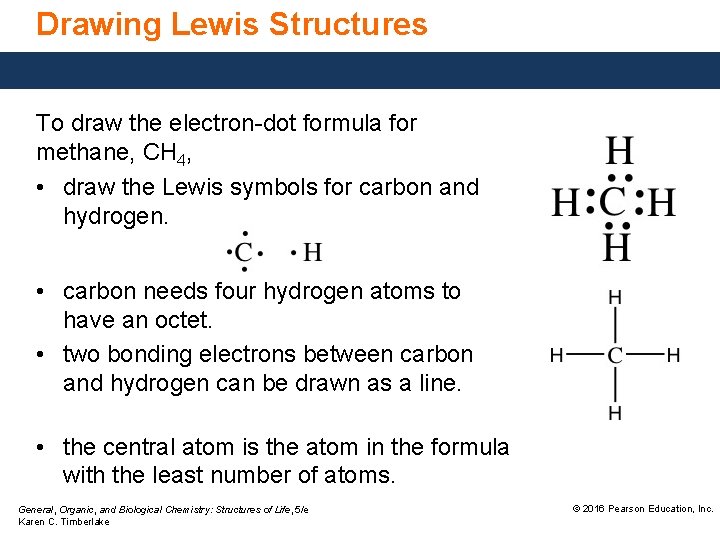 Drawing Lewis Structures To draw the electron-dot formula for methane, CH 4, • draw