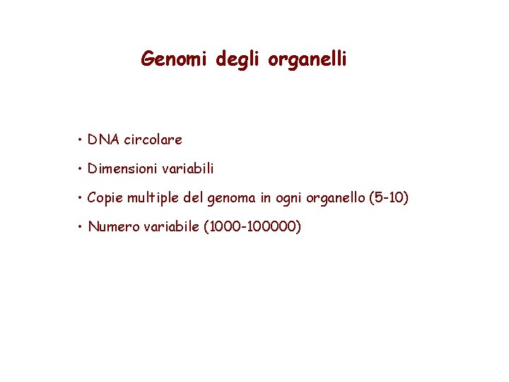 Genomi degli organelli • DNA circolare • Dimensioni variabili • Copie multiple del genoma