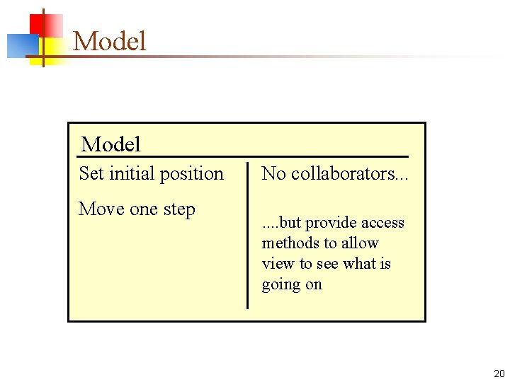 Model Set initial position Move one step No collaborators. . . . but provide