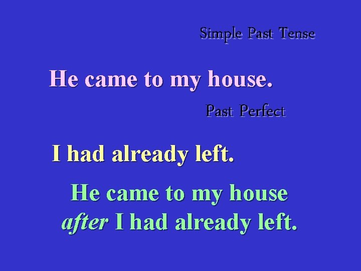 Simple Past Tense He came to my house. Past Perfect I had already left.