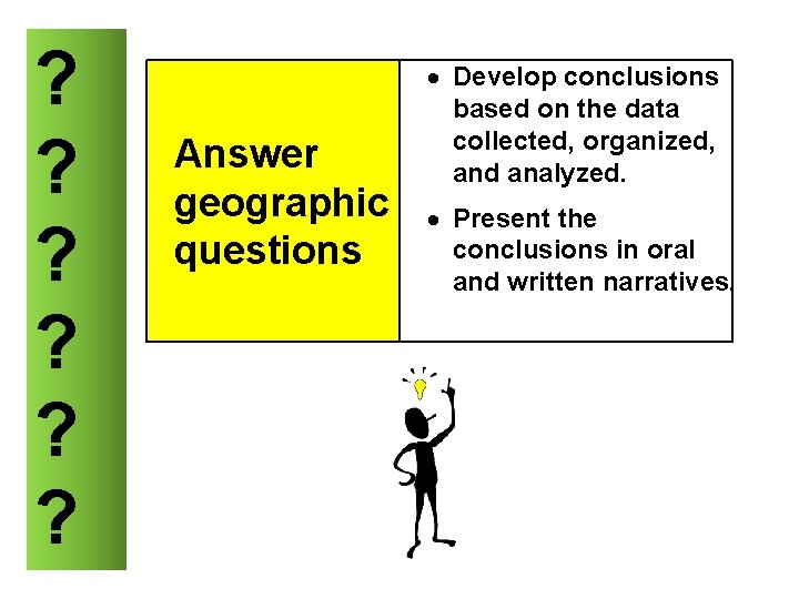 ? ? ? Answer geographic questions Develop conclusions based on the data collected, organized,