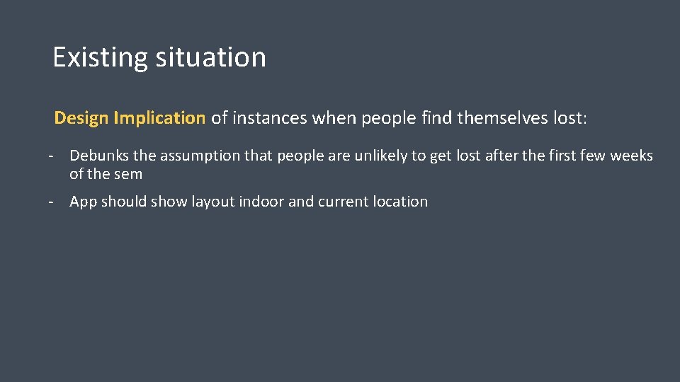 Existing situation Design Implication of instances when people find themselves lost: - Debunks the Existing situation Design Implication of instances when people find themselves lost: - Debunks the