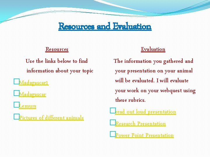 Resources and Evaluation Resources Use the links below to find information about your topic