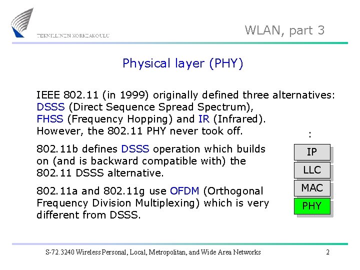 WLAN, part 3 Physical layer (PHY) IEEE 802. 11 (in 1999) originally defined three