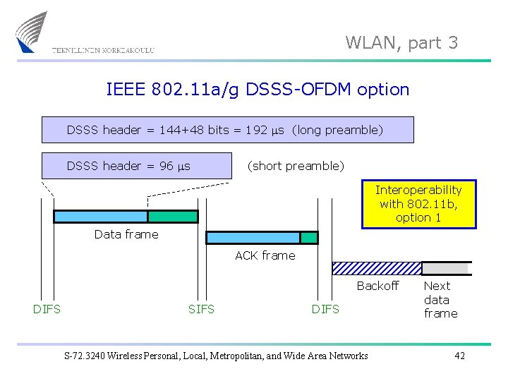 WLAN, part 3 IEEE 802. 11 a/g DSSS-OFDM option DSSS header = 144+48 bits