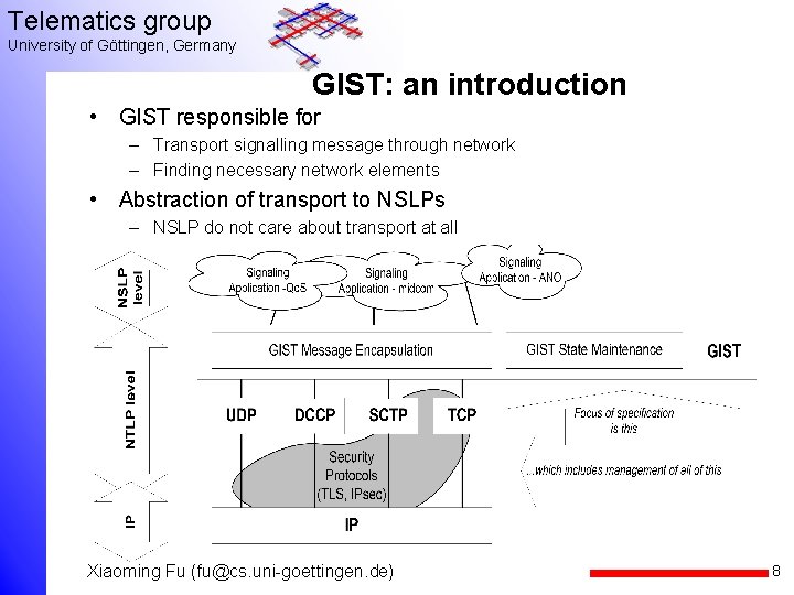 Telematics group University of Göttingen, Germany GIST: an introduction • GIST responsible for –